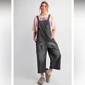 New: Easel To Cool For Me Dark Washed Boho Distressed Denim Overalls• Small